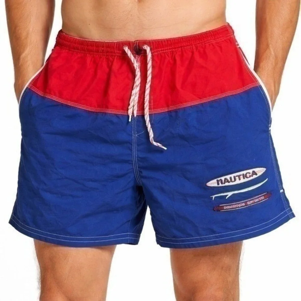 Nautica Vintage Colorblock Swim Trunks Mens‎ XL Red Blue Mesh Lined Retro Shorts
